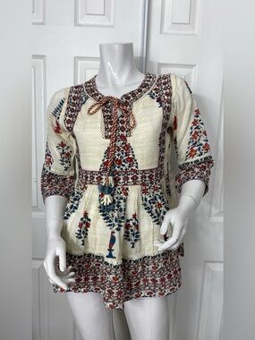 Ritu Kumar Cream Peasant Blouse with Red & Blue Floral Embroidery